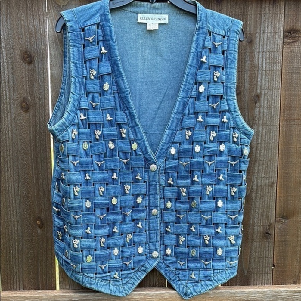 Blue Embellished Vest with Buttoned Front western style